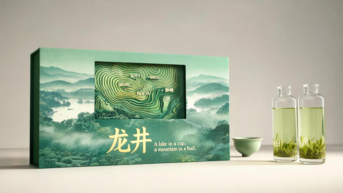 龙井 Longjing molded pulp tea packaging — West Lake terrain emboss
